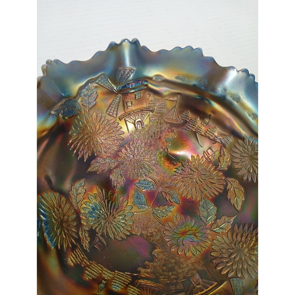 Carnival Glass‎ Windmill and Mums Bowl 10" Cobalt Blue Sawtooth Tripod Antique